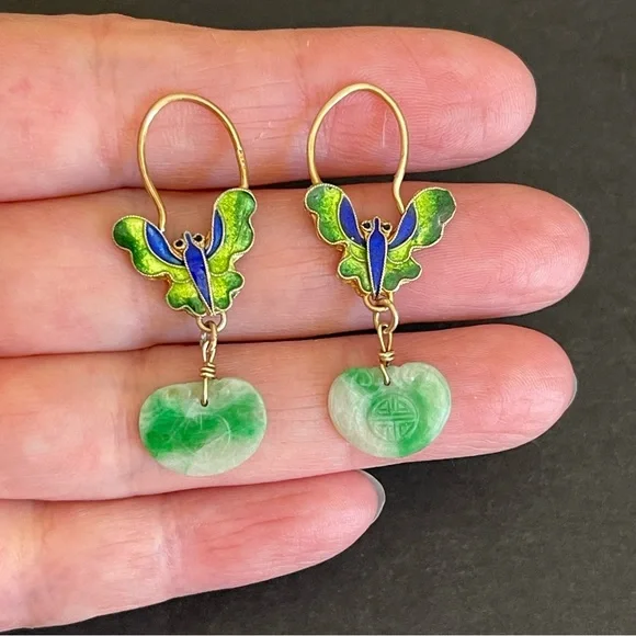 Antique Chinese export gilt silver carved jade & enamel butterfly earrings.